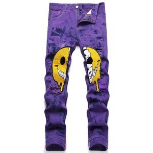 NEW - Shein Men's Cartoon Graphic Ripped Jeans - Purple, Size 34